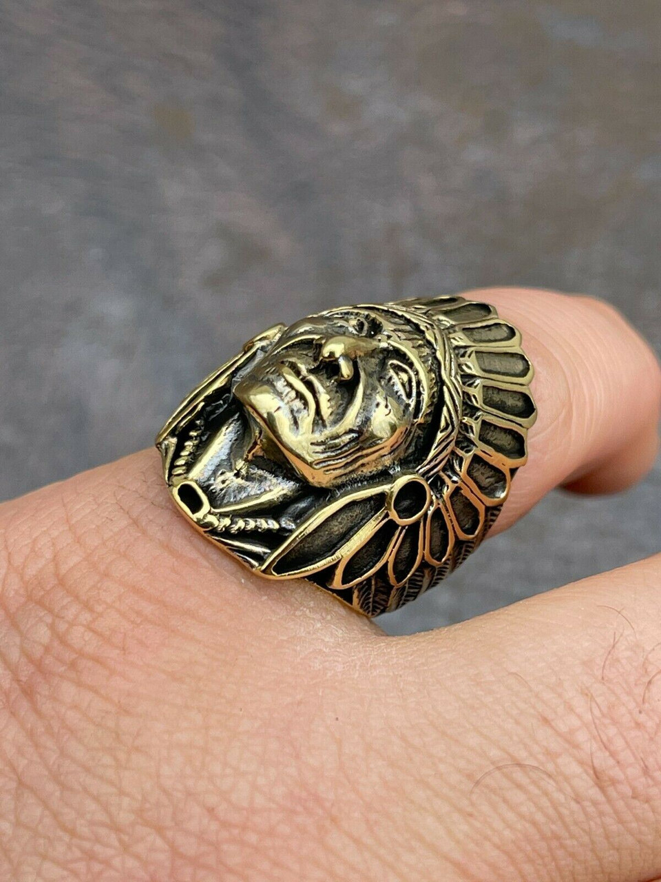Mens Real 14K Gold Over Solid 925 Sterling Silver Large Indian Head Chief  Ring